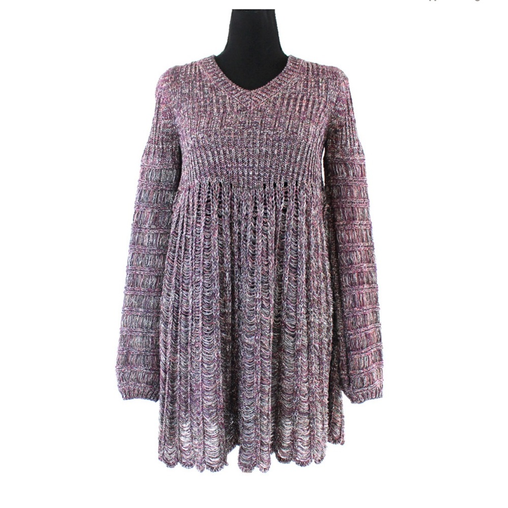 CHLOE Silk Knit Babydoll Mini Dress in Open Knit Metallic & Violet multi SZ: S